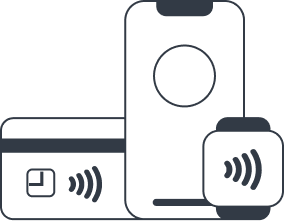 A trio of images, from left to right: a contactless-enabled bank card, a mobile wallet on a smartphone, and a mobile wallet on a smartwatch